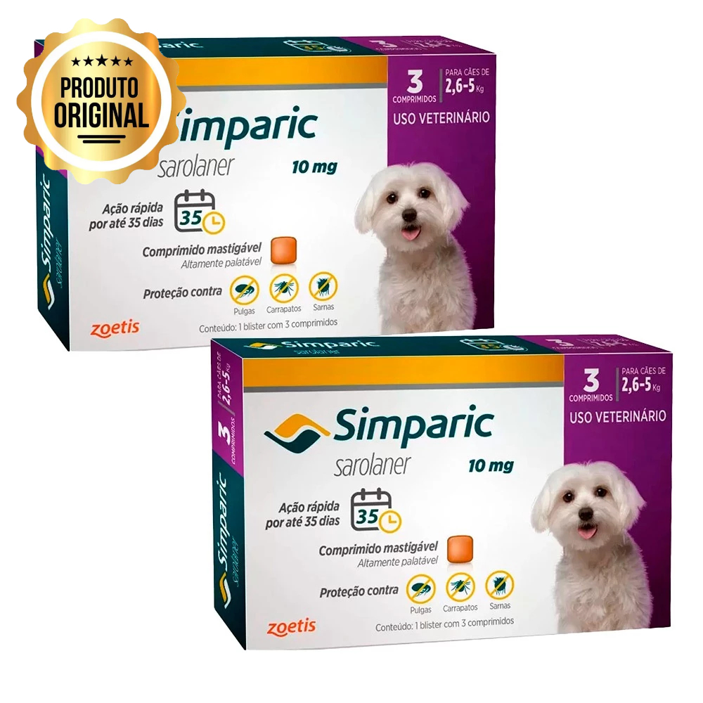 Kit 2 Simparic 10mg Cães 2,6 A 5kg 3 Comprimidos Kit 2 Simparic 10mg Cães 2,6 A 5kg 3 Comprimidos