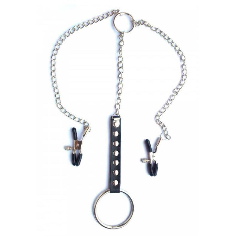 Grampos para Mamilos Masculino com Presilhas Ajustáveis, Anel Peniano e Corrente em Metal Grampos para Mamilos Masculino com Presilhas Ajustáveis, Anel Peniano e Corrente em Metal
