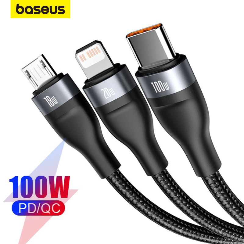 Cabo De Carregamento Rápido Baseus 100W Flash Series 3 Em 2 C + U Para M + L + Cabo De Carregamento Rápido Baseus 100W Flash Series 3 Em 2 C + U Para M + L +