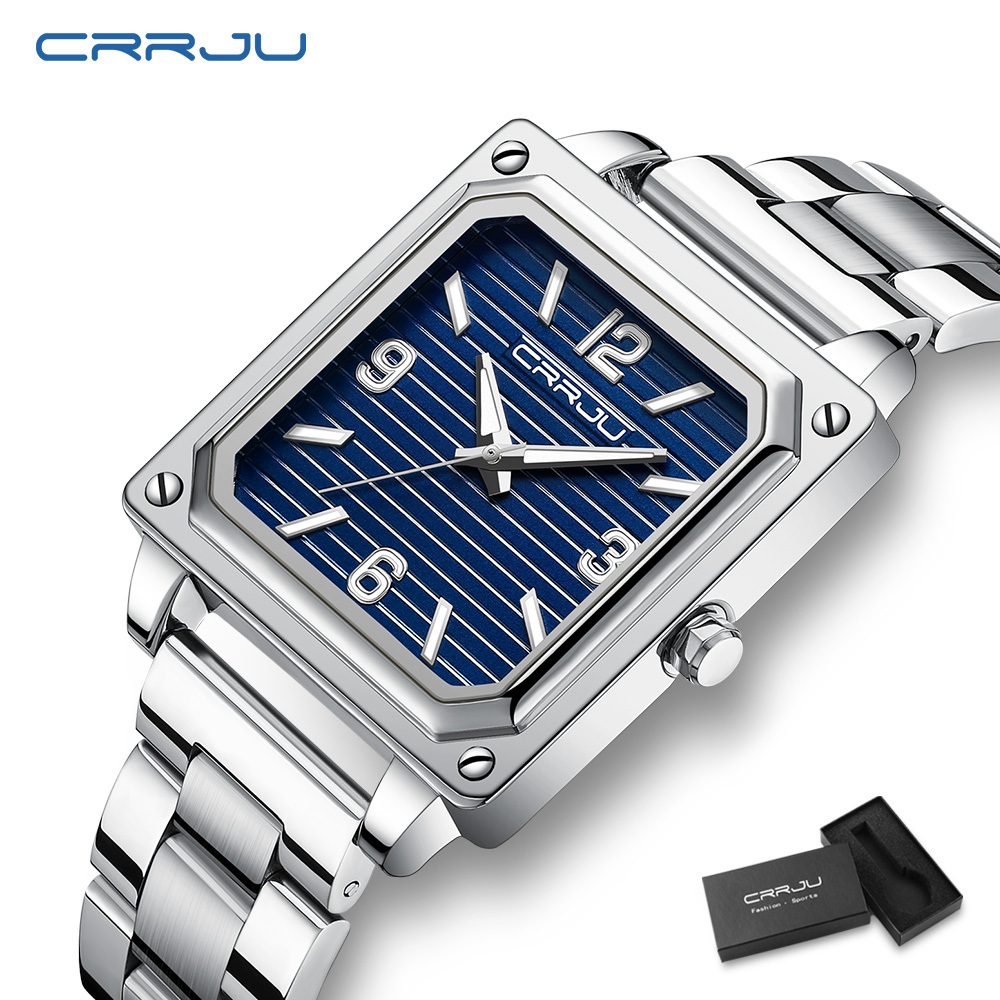 Relógio Masculino CRRJU Original Autêntico Design Único Mãos Luminosas De Aço Inoxidável Discagem Quadrada Retro Simples Casual De Negócios Esportivo Quartzo À Prova D’água 5021