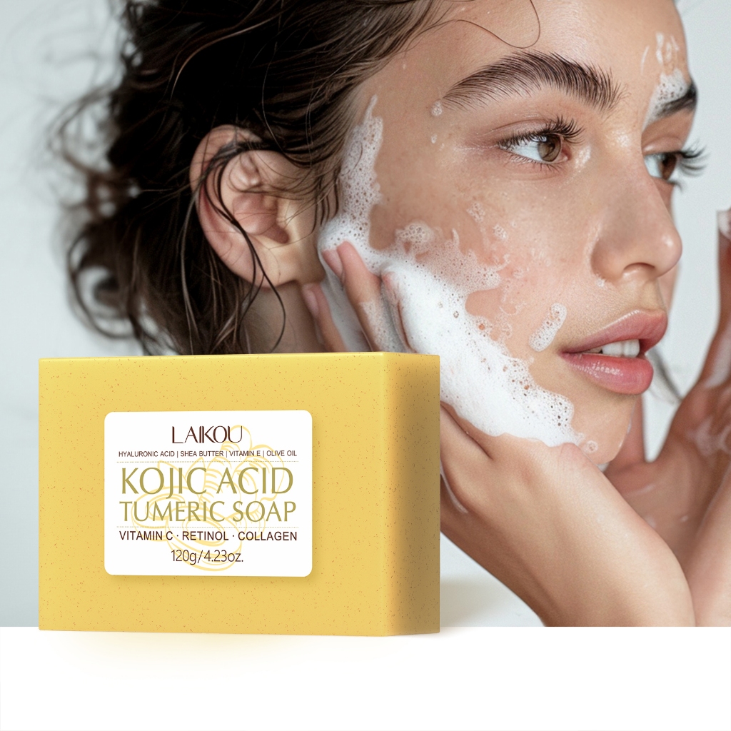 LAIKOU KOJIC ACID TUMERIC Sabão Iluminador Reduz Manchas Escuras Textura Suave Da Pele Rosto E Corpo LAIKOU KOJIC ACID TUMERIC Sabão Iluminador Reduz Manchas Escuras Textura Suave Da Pele Rosto E Corpo