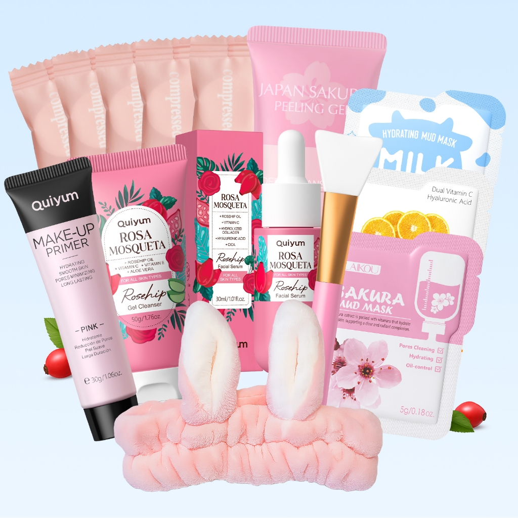 Kit Limpeza de Pele QUIYUM – Ritual de Rosa Mosqueta e Sakura para Pele, linha completa skin care cuidado facial-14itens Kit Limpeza de Pele QUIYUM – Ritual de Rosa Mosqueta e Sakura para Pele, linha completa skin care cuidado facial-14itens