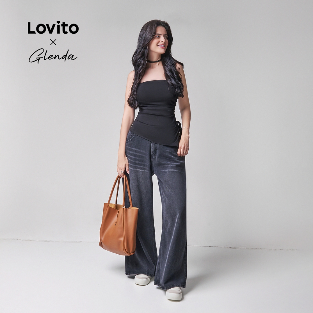 Lovito x Glenda Jeans casual simples com lavagem crua para mulheres 102AD449 Lovito x Glenda Jeans casual simples com lavagem crua para mulheres 102AD449