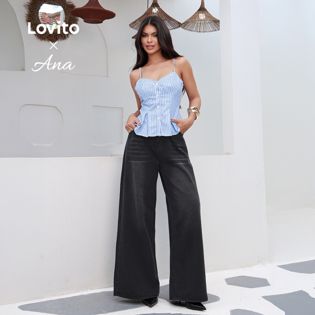 (Lovito x Ana) Jeans Casual Feminino com Lavagem Crua 102AD449 (Lovito x Ana) Jeans Casual Feminino com Lavagem Crua 102AD449
