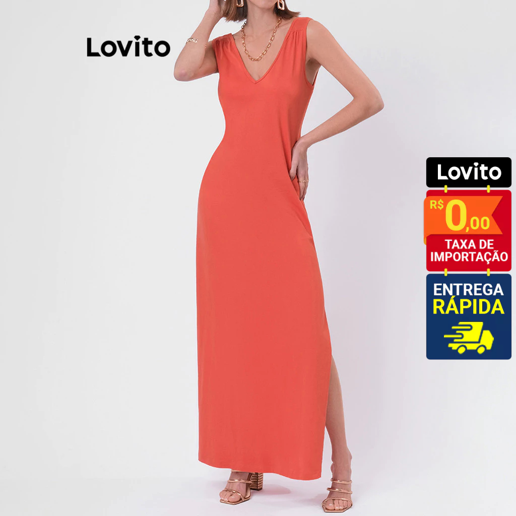 Lovito Vestido Feminino Longo Liso com Fendas Liso LB49BRL078 Lovito Vestido Feminino Longo Liso com Fendas Liso LB49BRL078