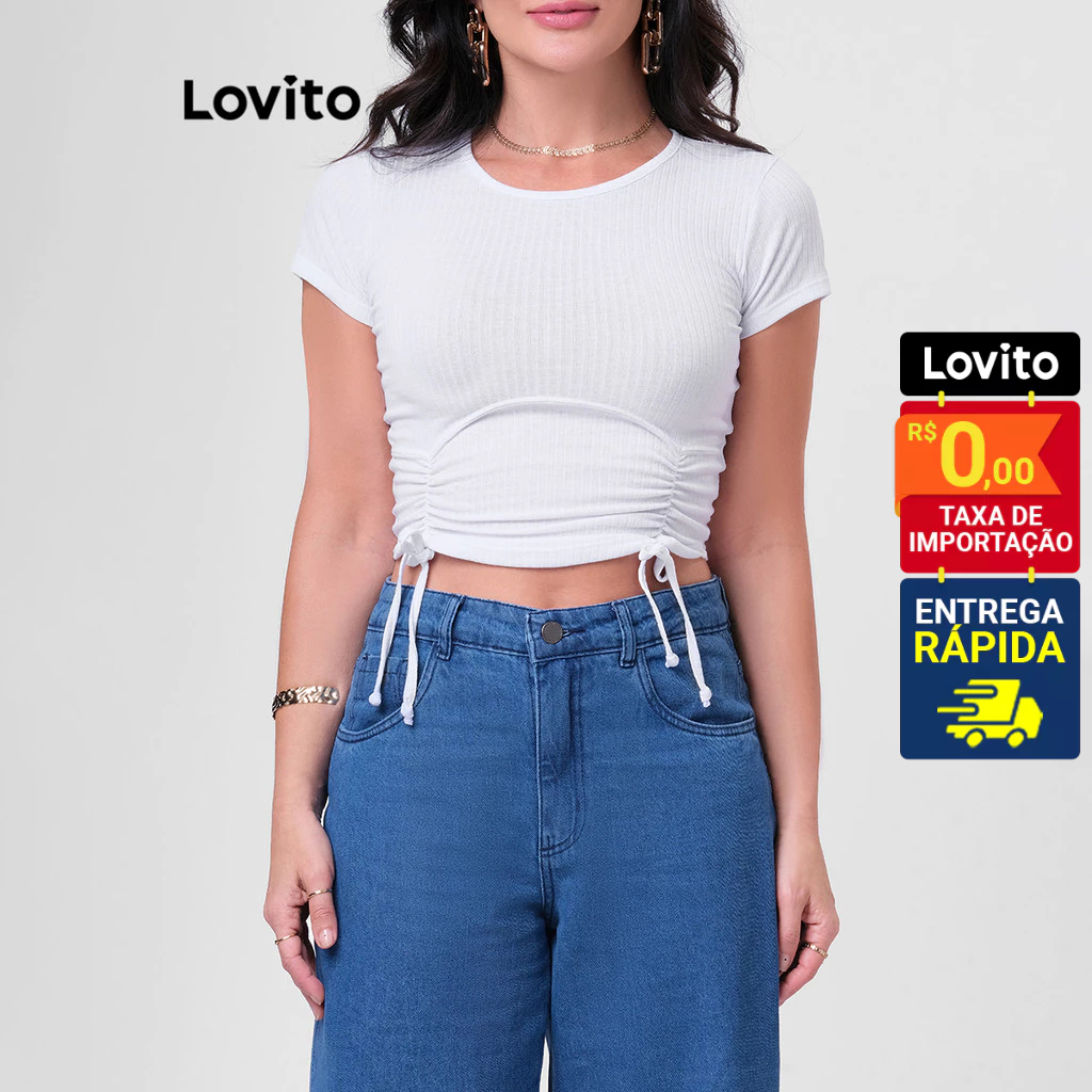 Lovito Camiseta Manga Curta Feminina Cropped Com Amarração Frente LB201BRL230 Lovito Camiseta Manga Curta Feminina Cropped Com Amarração Frente LB201BRL230
