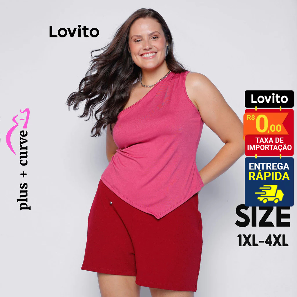 Lovito Blusa casual feminina plus size um ombro só LB1353BRL1383 Lovito Blusa casual feminina plus size um ombro só LB1353BRL1383