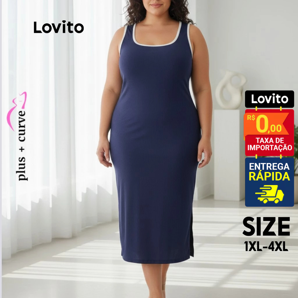 Lovito Vestido Casual Liso Plus Size para Mulheres LB1227BRL1257 Lovito Vestido Casual Liso Plus Size para Mulheres LB1227BRL1257