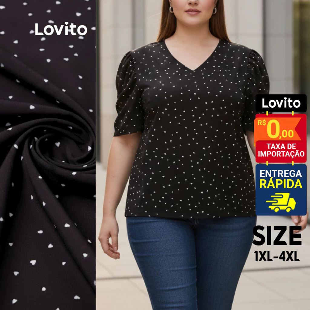 Lovito Blusa Feminina Plus Size Manga Curta Decote V Estampa Coração LB35BRL064 Lovito Blusa Feminina Plus Size Manga Curta Decote V Estampa Coração LB35BRL064
