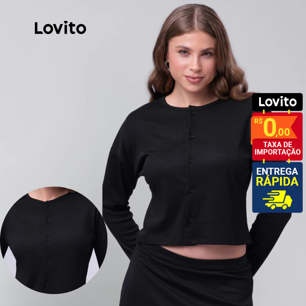 Lovito Cardigan Feminino Manga Longa Gola Canoa Botões Frontais Tricot Manga Longa LB474BRL504 Lovito Cardigan Feminino Manga Longa Gola Canoa Botões Frontais Tricot Manga Longa LB474BRL504