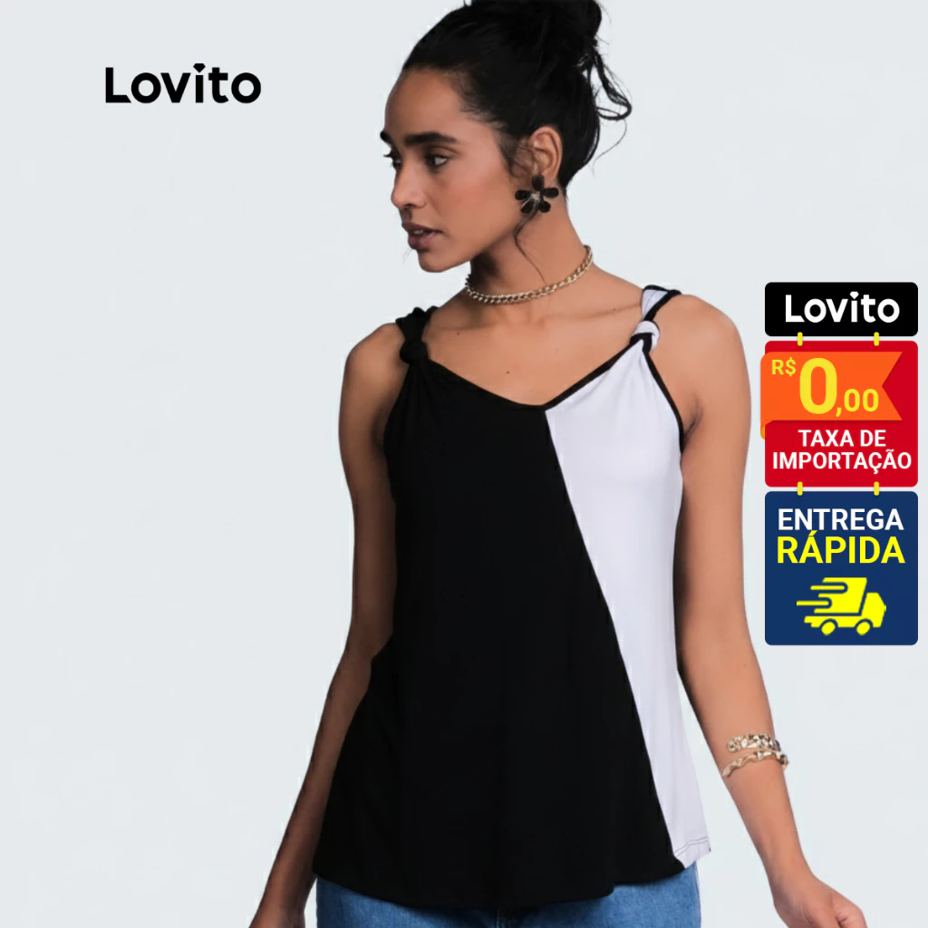 Lovito Regata Bicolor Casual Lisa com Nó para Mulheres LB866BRL896 Lovito Regata Bicolor Casual Lisa com Nó para Mulheres LB866BRL896