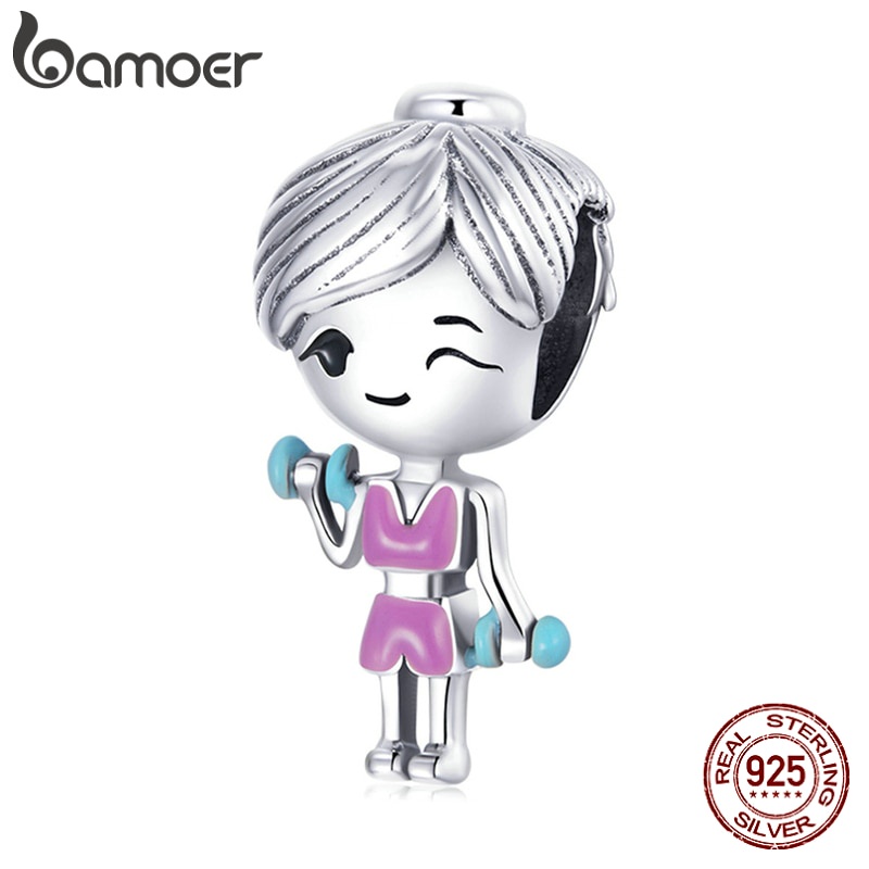 Bamoer Charme de Menina Academia Rosa Prata 925 para Pulseira Fitness DIY BSC488 Bamoer Charme de Menina Academia Rosa Prata 925 para Pulseira Fitness DIY BSC488