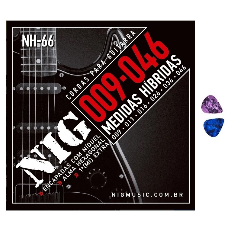 Encordoamento Para Guitarra NIG .009 Híbridas NH66 Cordas com 2 Palhetas Encordoamento Para Guitarra NIG .009 Híbridas NH66 Cordas com 2 Palhetas