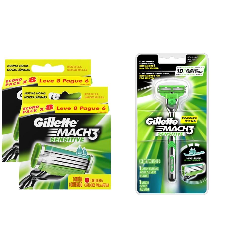 Kit Carga Gillette Mach3 Sensitive com 16 unidades + 1 Aparelho de Barbear Gillette Mach3 Sensitive Kit Carga Gillette Mach3 Sensitive com 16 unidades + 1 Aparelho de Barbear Gillette Mach3 Sensitive