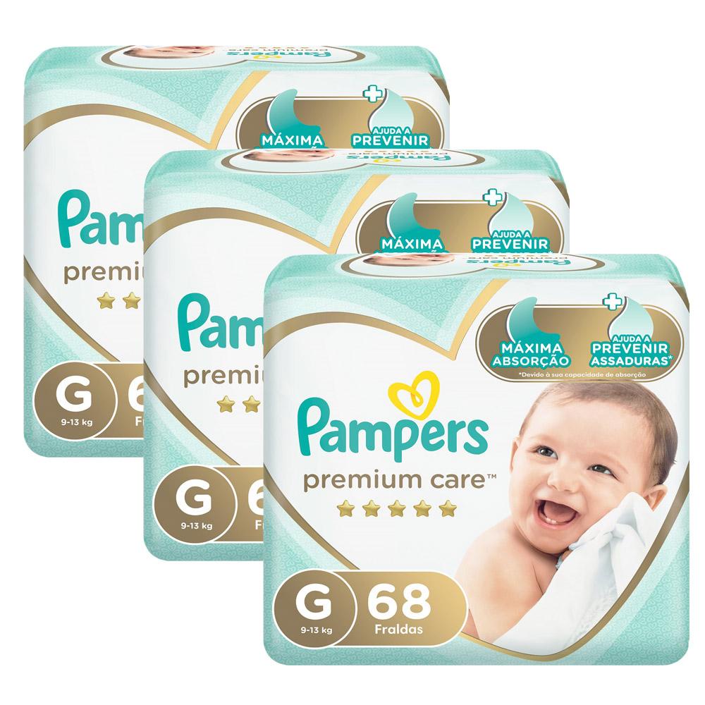 Kit Fralda Pampers Premium Care Jumbo Tamanho G com 204 unidades Kit Fralda Pampers Premium Care Jumbo Tamanho G com 204 unidades
