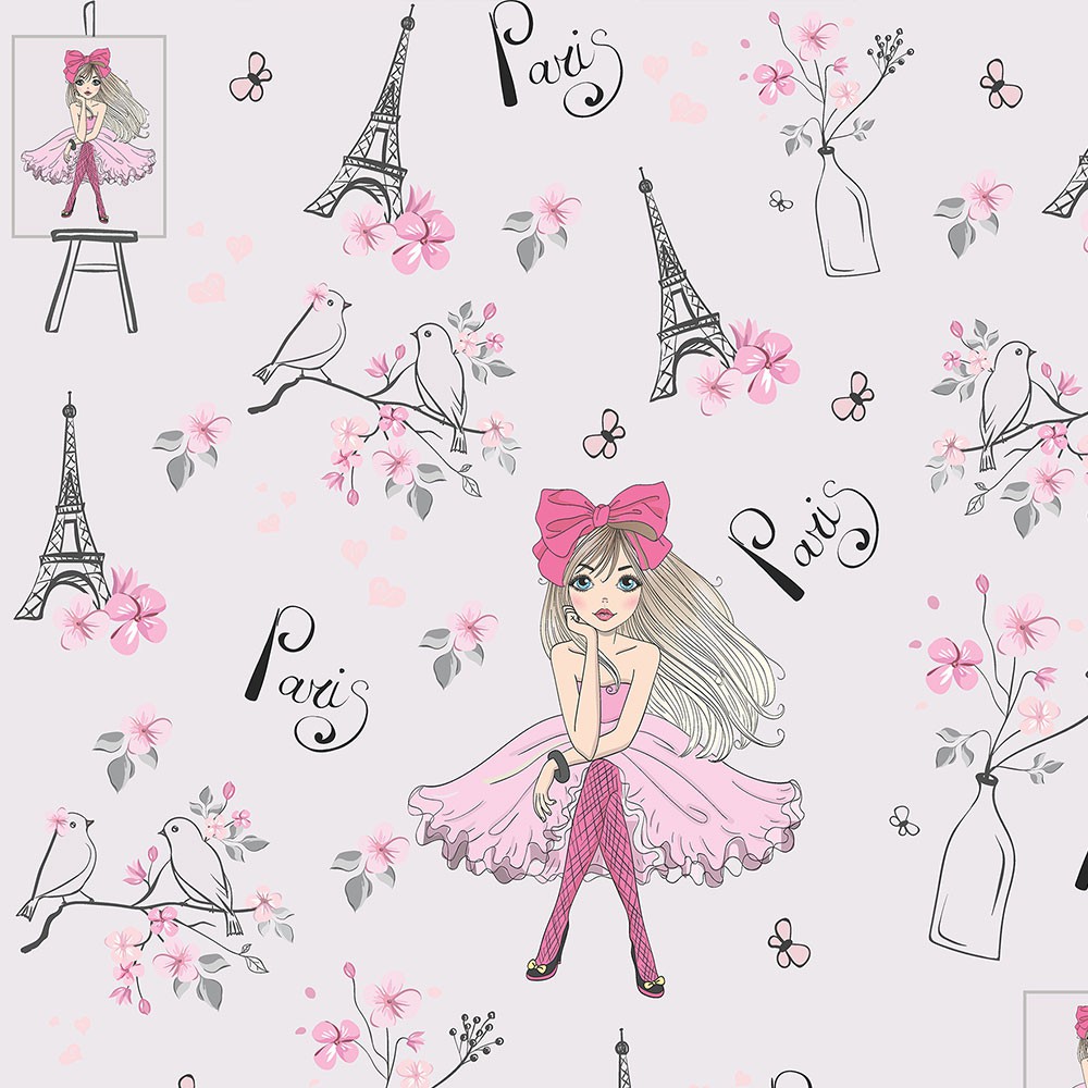 Papel de Parede Infantil Paris fundo rosa claro Flores e torre Eiffel Para Sala e Quarto Infantil Papel de Parede Infantil Paris fundo rosa claro Flores e torre Eiffel Para Sala e Quarto Infantil