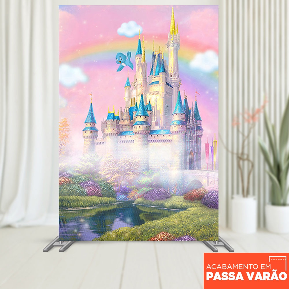 Painel de Festa Princesas Castelo Retangular Lateral Decorativo Sublimado Em Tecido 1,50×2,20m Painel de Festa Princesas Castelo Retangular Lateral Decorativo Sublimado Em Tecido 1,50×2,20m
