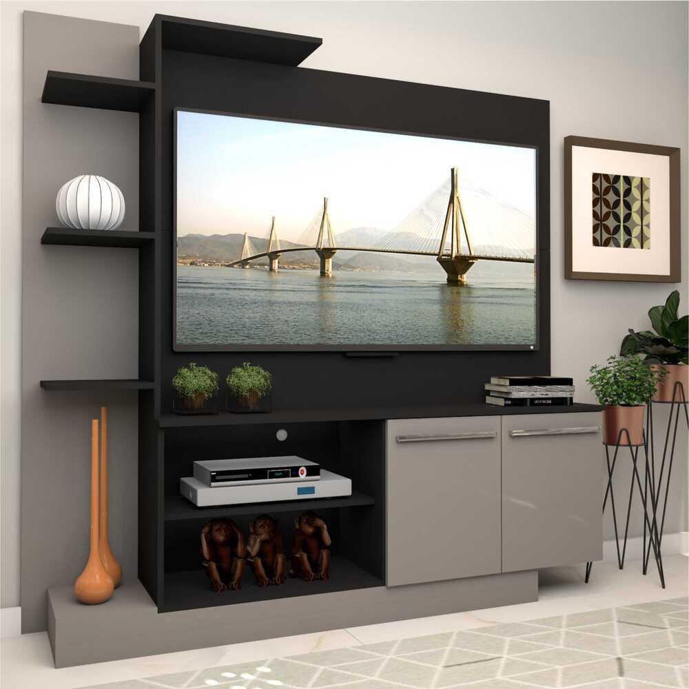 Estante com painel para TV até 55 polegadas e 2 portas Porto Multimóveis Preto/Lacca Fumê Estante com painel para TV até 55 polegadas e 2 portas Porto Multimóveis Preto/Lacca Fumê