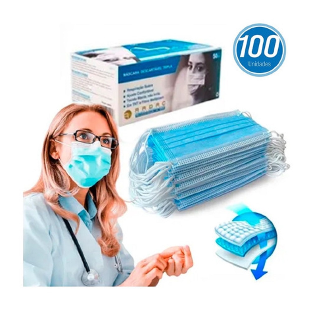 MÁSCARA DESCARTÁVEL PROTEÇÃO TRIPLA COM 100 PEÇAS MELTBLOWN MÁSCARA DESCARTÁVEL PROTEÇÃO TRIPLA COM 100 PEÇAS MELTBLOWN