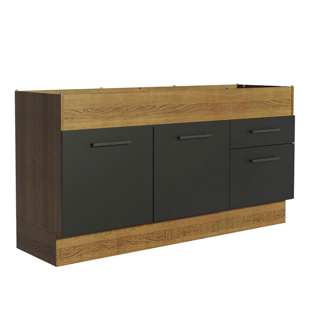 Balcão de Pia Cozinha 150 cm 2 Portas e 2 Gavetas (Sem Tampo e Pia) Rustic/Preto Agata Madesa