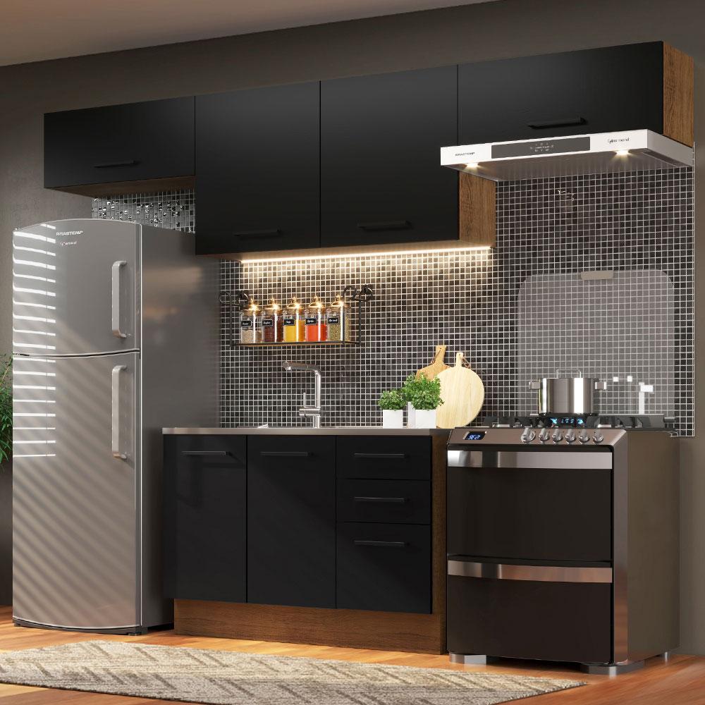 Armário de Cozinha Compacta 280cm Rustic/Preto Agata Madesa 02 Armário de Cozinha Compacta 280cm Rustic/Preto Agata Madesa 02