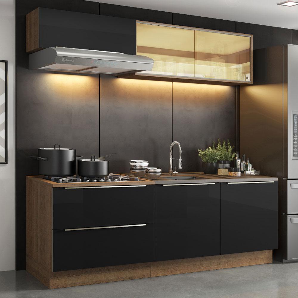 Armário de Cozinha Compacta 200cm Rustic/Preto Lux Madesa 01 Armário de Cozinha Compacta 200cm Rustic/Preto Lux Madesa 01