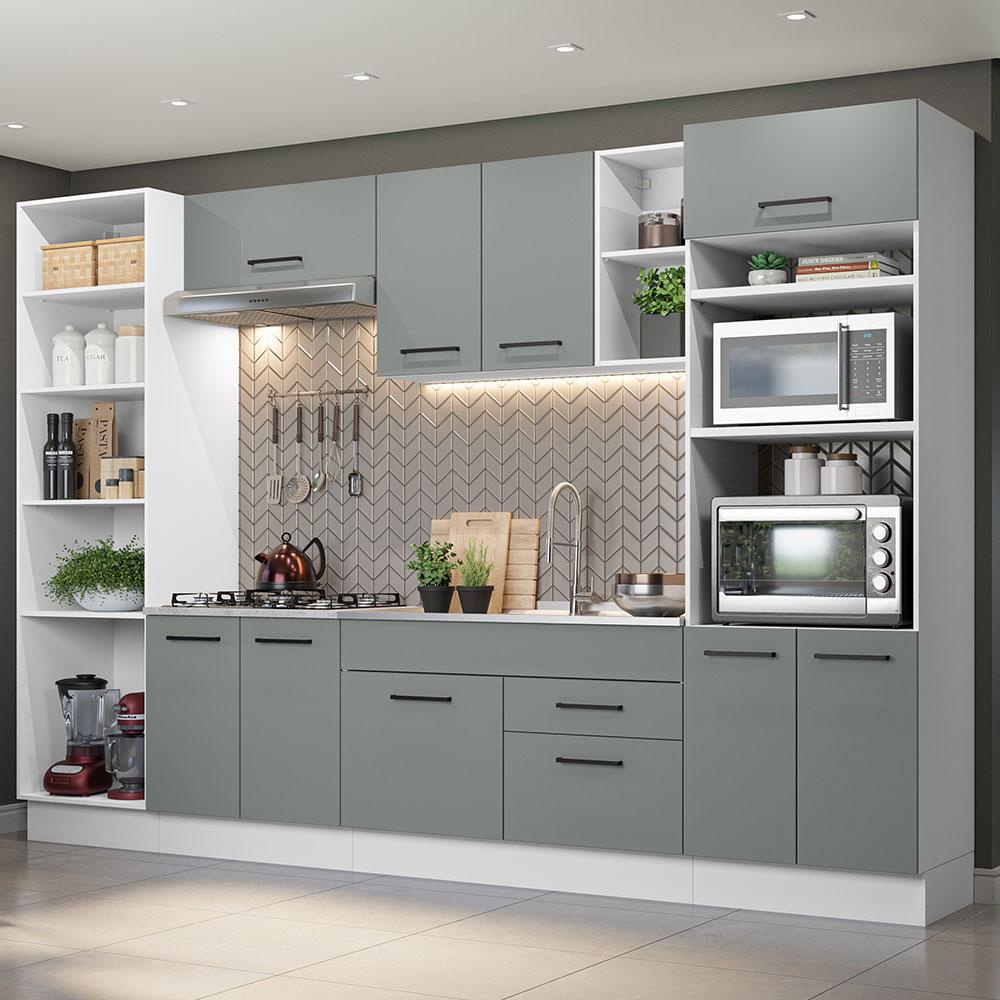 Armário de Cozinha Completa 330cm Branco/Cinza Agata Madesa 02 Armário de Cozinha Completa 330cm Branco/Cinza Agata Madesa 02