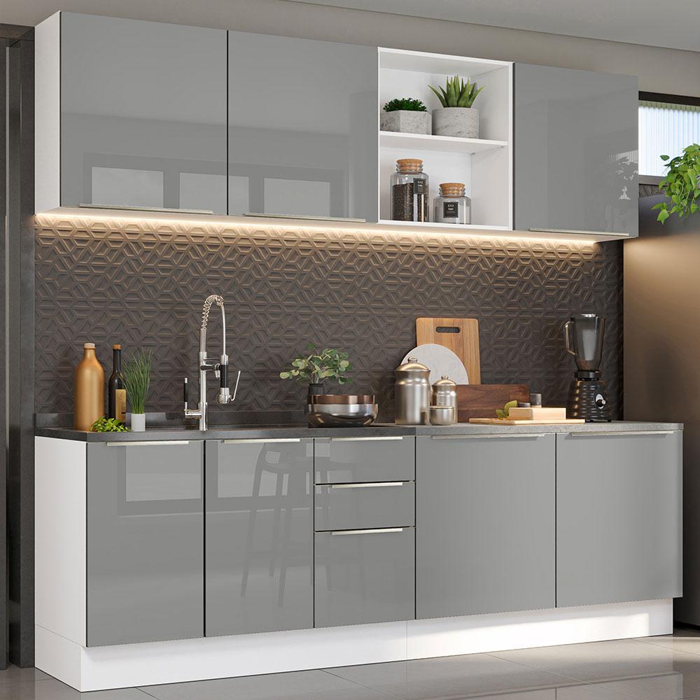 Armário de Cozinha Completa 240cm Branco/Cinza Lux Madesa 05 Armário de Cozinha Completa 240cm Branco/Cinza Lux Madesa 05