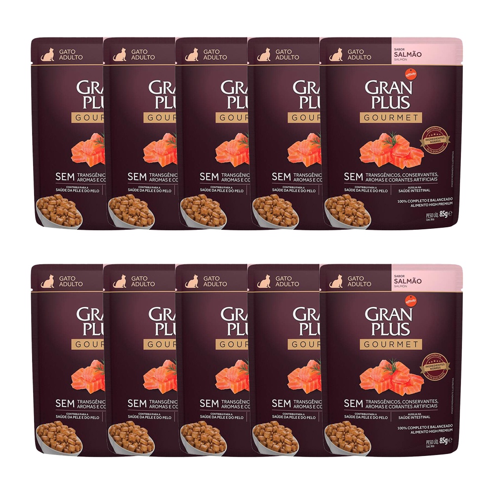 Kit 10 Ração Úmida Gran Plus Sachê Gatos Gourmet Adultos Salmão – 85g Kit 10 Ração Úmida Gran Plus Sachê Gatos Gourmet Adultos Salmão – 85g