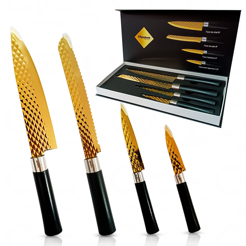 Kit Jogo De Facas Deluxe Gourmet De 4 Peças Aço Inox Alto Brilho Resistente Elegance Alta Qualidade Kit Jogo De Facas Deluxe Gourmet De 4 Peças Aço Inox Alto Brilho Resistente Elegance Alta Qualidade