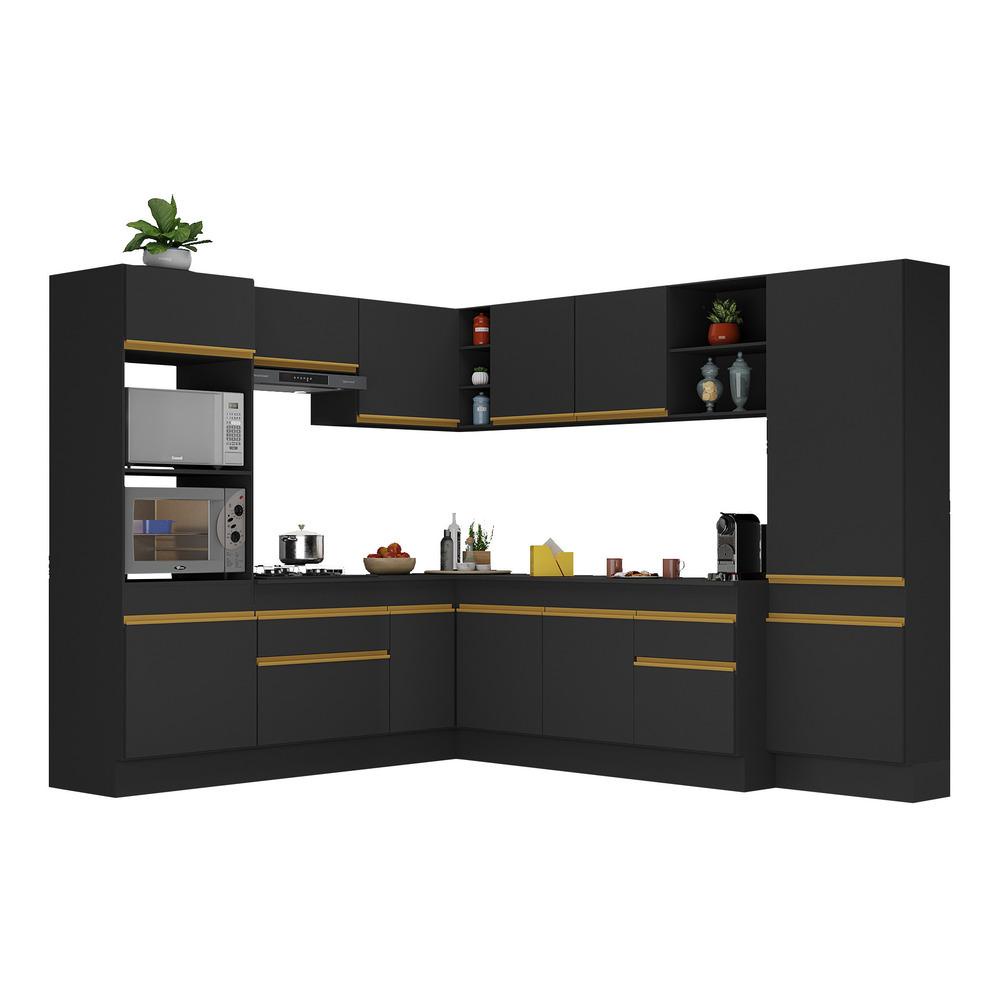 Cozinha Completa de Canto com Rodapé Veneza Multimóveis MP2082 com Armário e Balcão Preta Cozinha Completa de Canto com Rodapé Veneza Multimóveis MP2082 com Armário e Balcão Preta