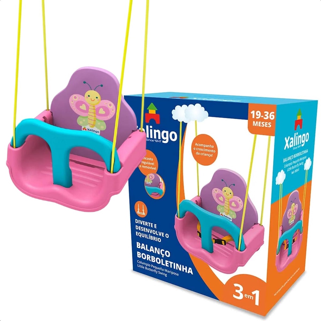 Balanço Infantil Borboletinha Com Encosto Regulável até 23Kg Com Cinto de segurança Xalingo – 09356 Balanço Infantil Borboletinha Com Encosto Regulável até 23Kg Com Cinto de segurança Xalingo – 09356