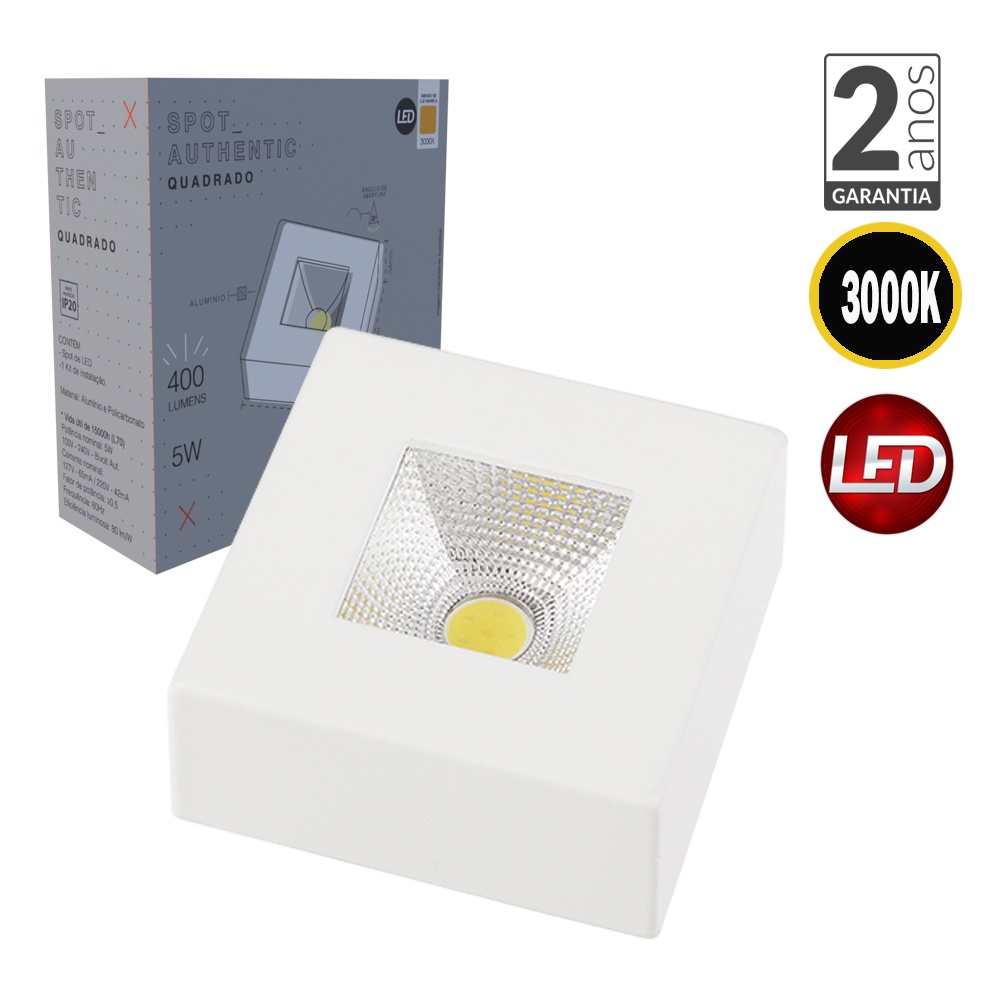 Spot Authentic Plafon Sobrepor Teto Beiral Quadrado Brancro Frio 3000K 5w Avant Spot Authentic Plafon Sobrepor Teto Beiral Quadrado Brancro Frio 3000K 5w Avant