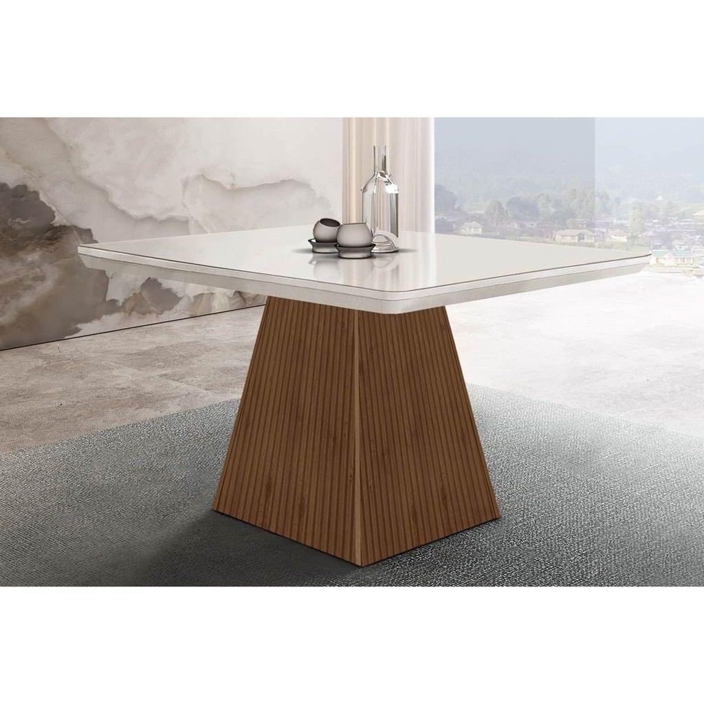 Mesa de Sala Jantar Luna c/ Tampo 90x90cm Madeirado Vidro Canto Curvo – Imbuia/Ripado 3D/Off White – Rufato Mesa de Sala Jantar Luna c/ Tampo 90x90cm Madeirado Vidro Canto Curvo – Imbuia/Ripado 3D/Off White – Rufato