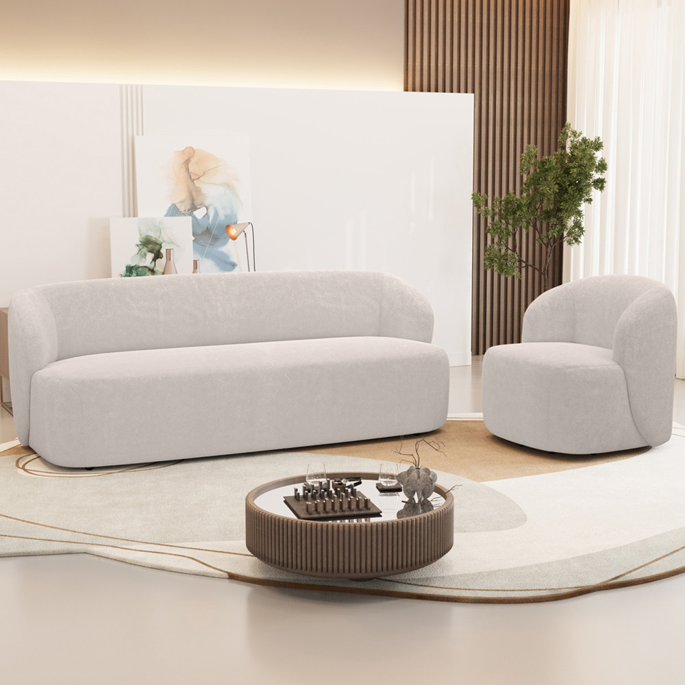 Sofá 3 Lugares 205cm Com Poltrona Giratória Orgânica Heidy F04 Bouclê Bege – Lyam Decor Sofá 3 Lugares 205cm Com Poltrona Giratória Orgânica Heidy F04 Bouclê Bege – Lyam Decor
