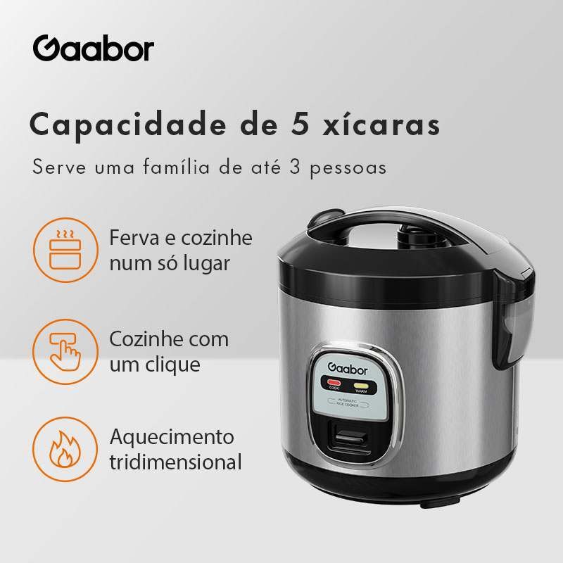 Gaabor Panela Elétrica de Arroz 1L de Capacidade 5 xícaras Antiaderente Preto Inox 400W RC-20M01A Gaabor Panela Elétrica de Arroz 1L de Capacidade 5 xícaras Antiaderente Preto Inox 400W RC-20M01A