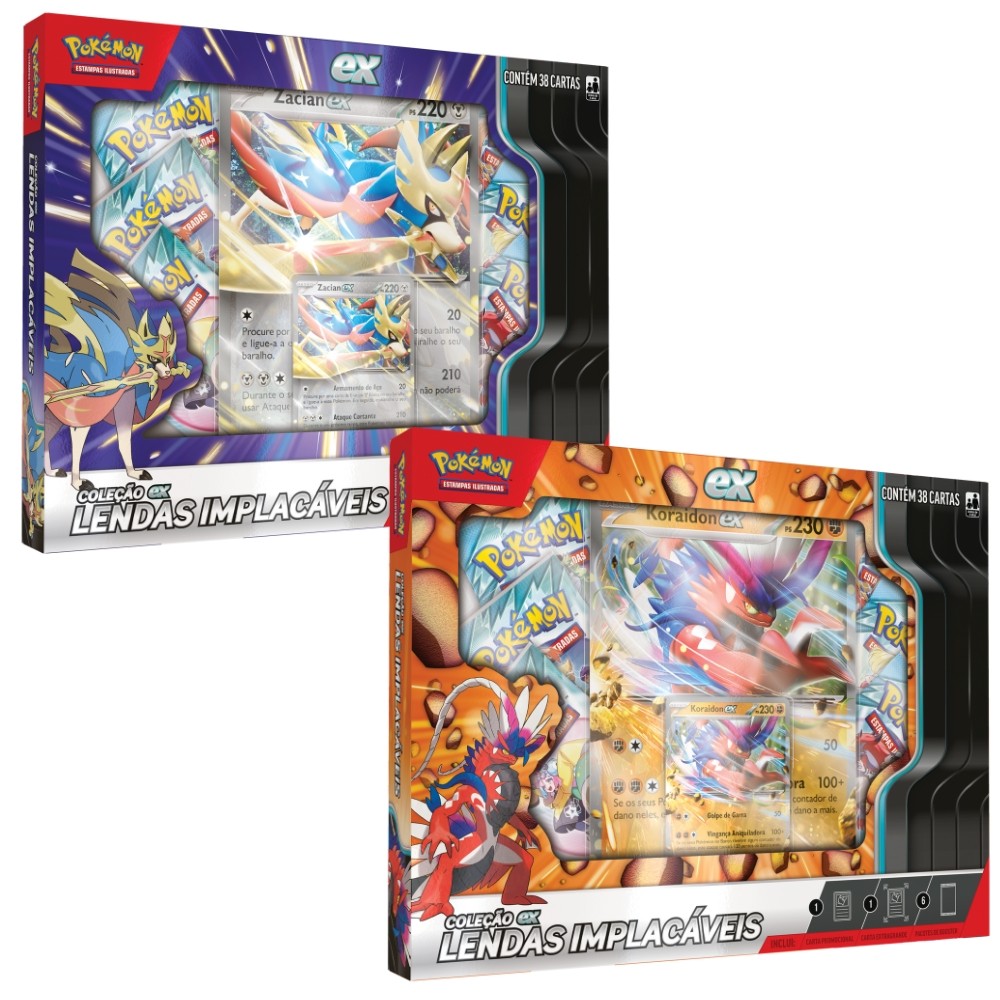 BOX POKÉMON COLEÇÃO LENDAS IMPLACÁVEIS ZACIAN KORAIDON EX COPAG TCG RIVAIS PREDESTINADOS CARTA JUMBO