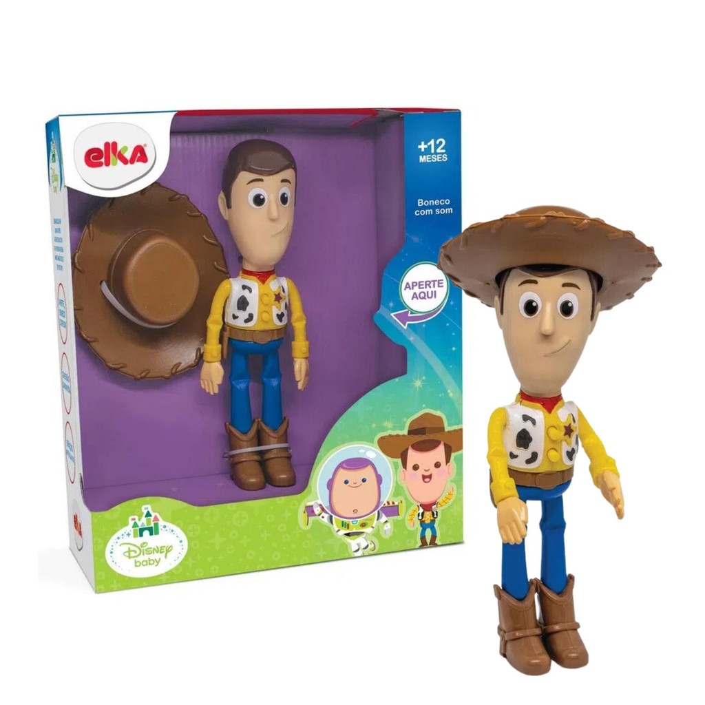 Brinquedo Boneco Articulado Woody Toy Story Com som, 26cm em Plástico Vinil + Acessórios-Elka Brinquedo Boneco Articulado Woody Toy Story Com som, 26cm em Plástico Vinil + Acessórios-Elka