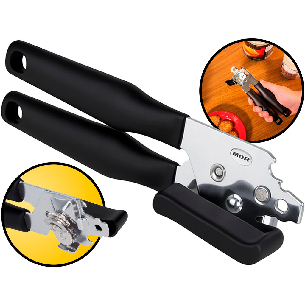 Abridor Manual De Latas Garrafas Tampas Potes Universal Multiuso Inox Cabo Plástico Mor