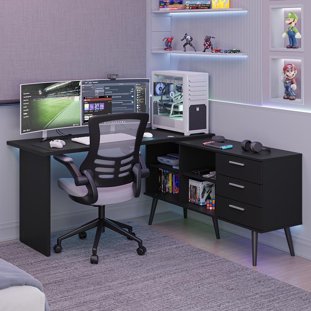 Mesa para Computador Gamer em L 3 Gavetas Preto Lisboa Madesa Mesa para Computador Gamer em L 3 Gavetas Preto Lisboa Madesa