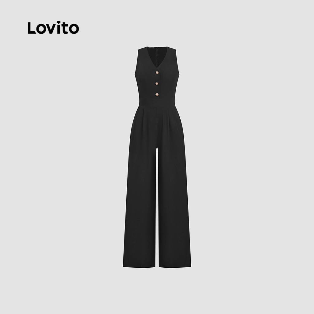 (Trendy) Lovito Macacão Casual Com Botão E Bolso Com Zíper Verão/Primavera Macacão Preto Para Mulheres L134ED117 (Trendy) Lovito Macacão Casual Com Botão E Bolso Com Zíper Verão/Primavera Macacão Preto Para Mulheres L134ED117