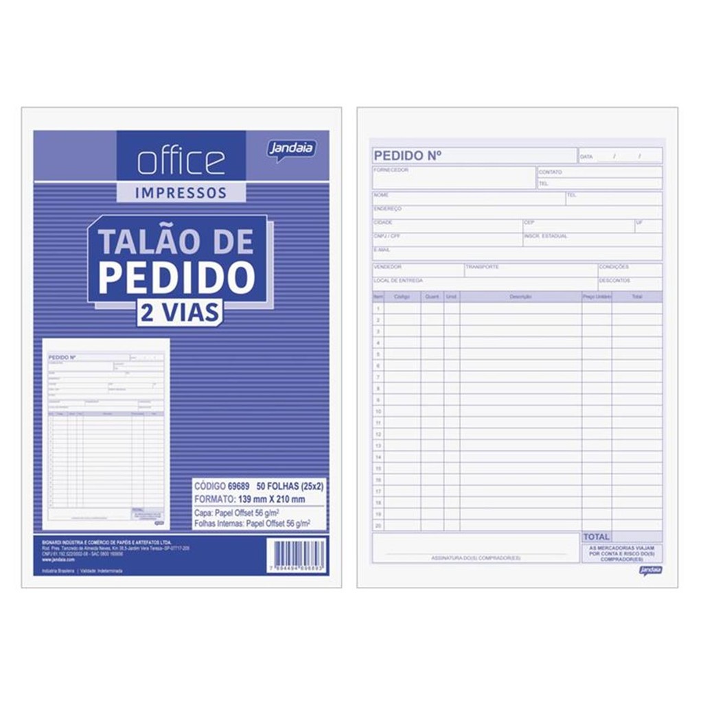 Talão de Pedido 2 Vias 50 Folhas 139x210mm – Pacote com 20