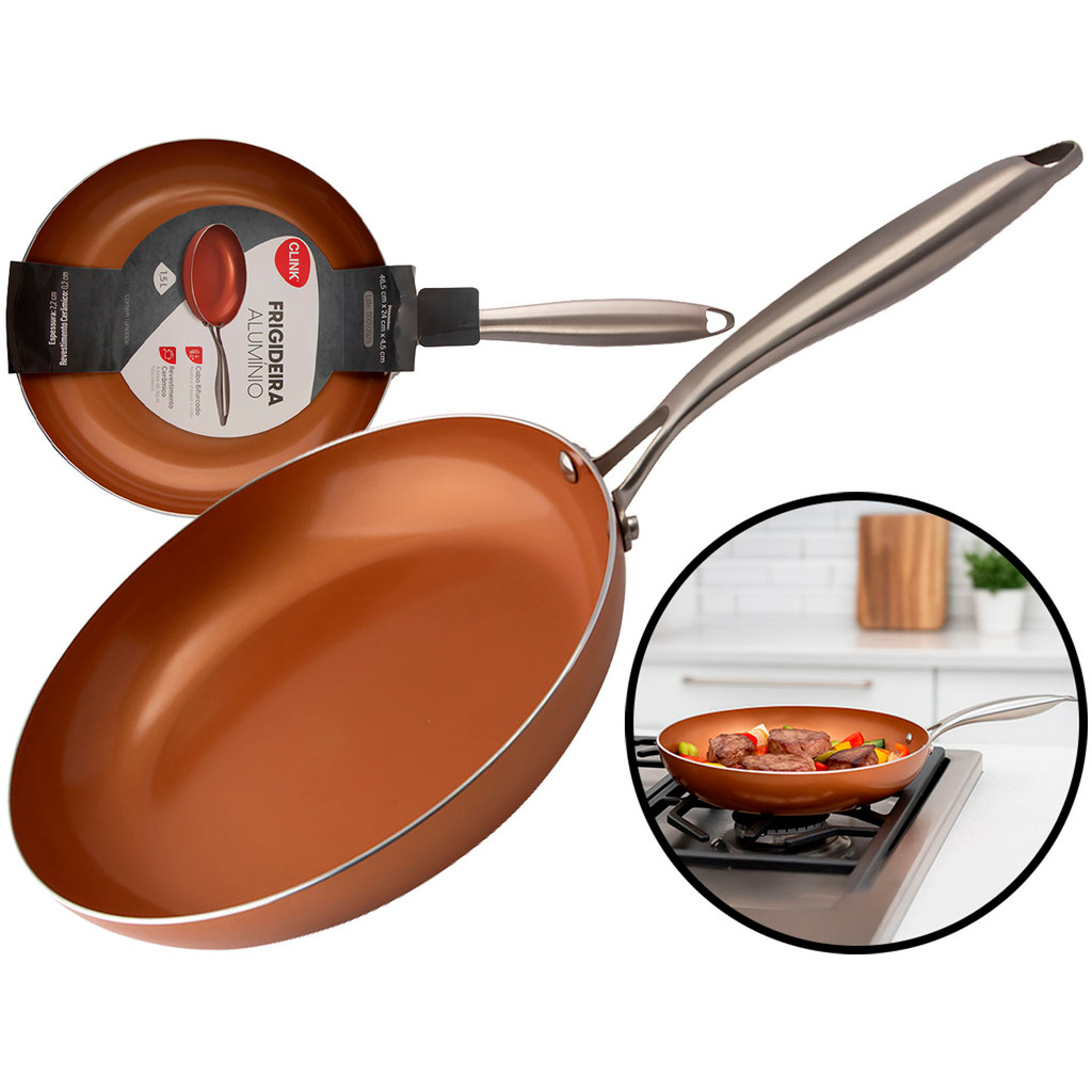 Frigideira Cobre Alumínio 24cm Revestimento Antiaderente Sem Óleo Cabo Inox 1,5 Litros Clink Frigideira Cobre Alumínio 24cm Revestimento Antiaderente Sem Óleo Cabo Inox 1,5 Litros Clink