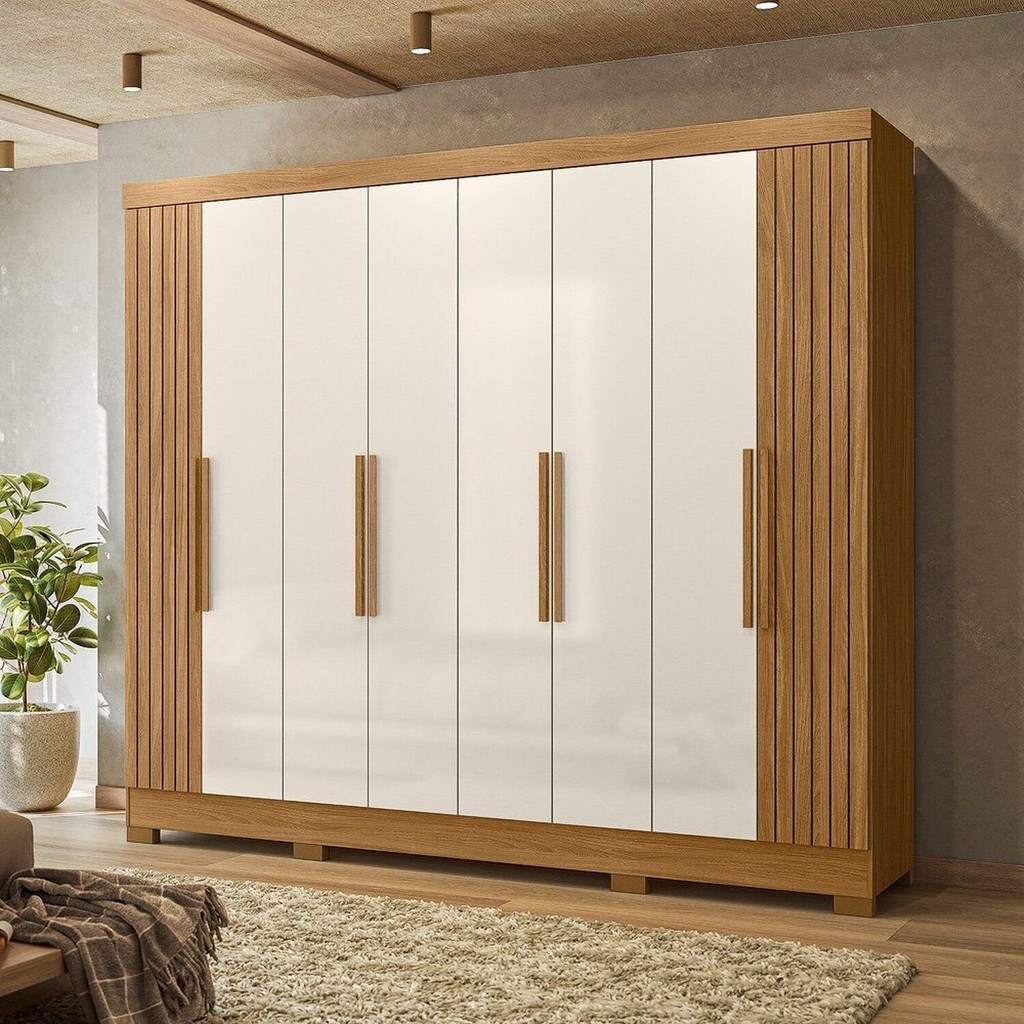 Guarda-roupa Casal Frisado 8 Portas 4 Gavetas e Pés Diplomata Freijó Frisado/Off White Guarda-roupa Casal Frisado 8 Portas 4 Gavetas e Pés Diplomata Freijó Frisado/Off White