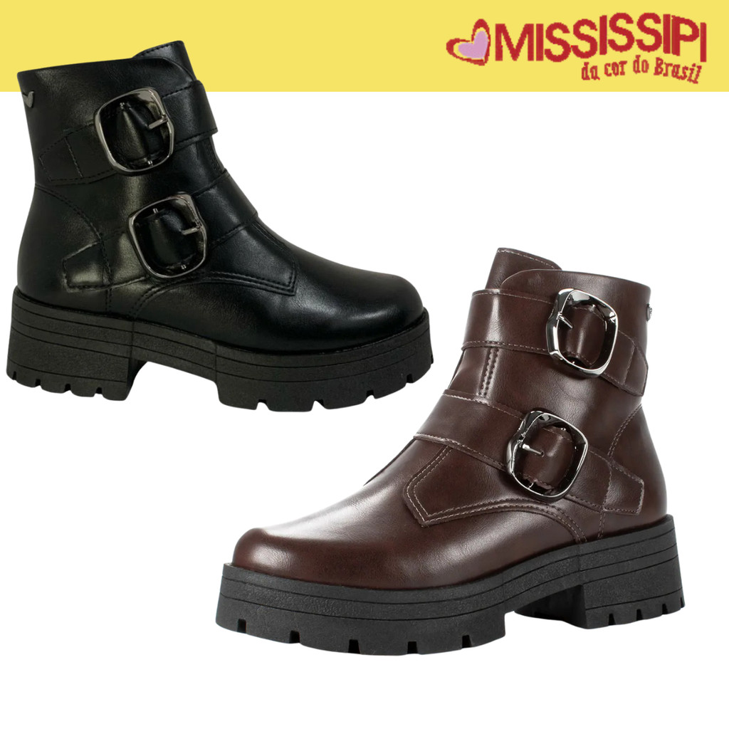 Bota Coturno Feminino Mississipi Preto Fivelas Solado Tratorado Design Moderno Bota Coturno Feminino Mississipi Preto Fivelas Solado Tratorado Design Moderno
