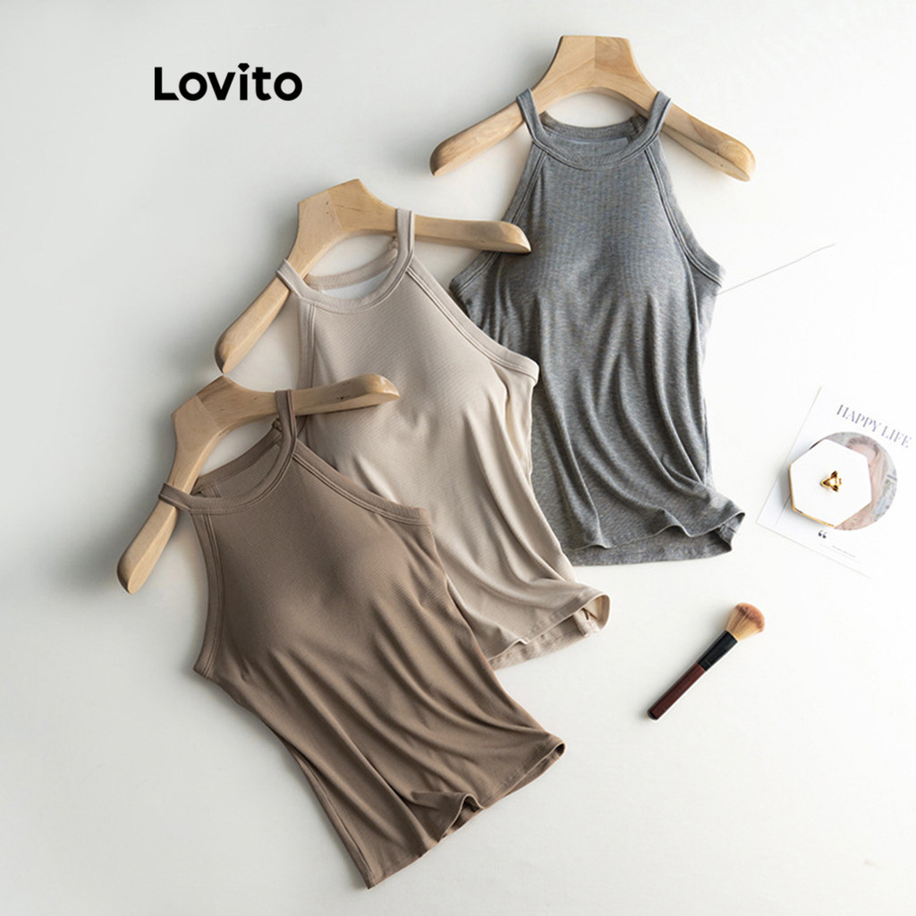 (Trendy) Lovito Casual Regata Feminina Simples com Bojo LNL36137 (Cáqui/Damasco/Cinza/Branco/Preto) (Trendy) Lovito Casual Regata Feminina Simples com Bojo LNL36137 (Cáqui/Damasco/Cinza/Branco/Preto)