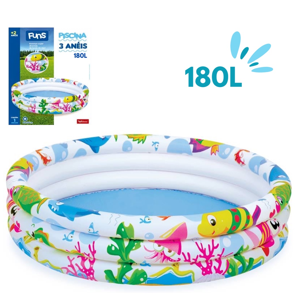 Piscina Infantil Inflável 180L 3 Anéis 107cm Para Água e Bolinhas Piscina Infantil Inflável 180L 3 Anéis 107cm Para Água e Bolinhas