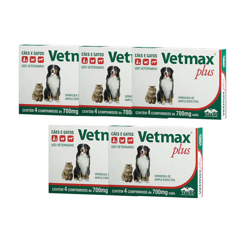 Vetmax Plus 700mg Vetnil 4 comp. Cães e Gatos Kit com 5 Vetmax Plus 700mg Vetnil 4 comp. Cães e Gatos Kit com 5