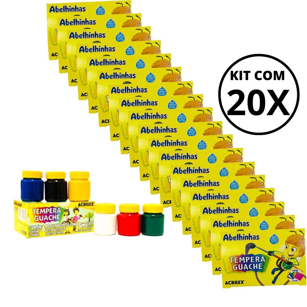 Kit 20 Tinta Guache Acrilex Com 06 Cores -15ml Cada pote Kit 20 Tinta Guache Acrilex Com 06 Cores -15ml Cada pote