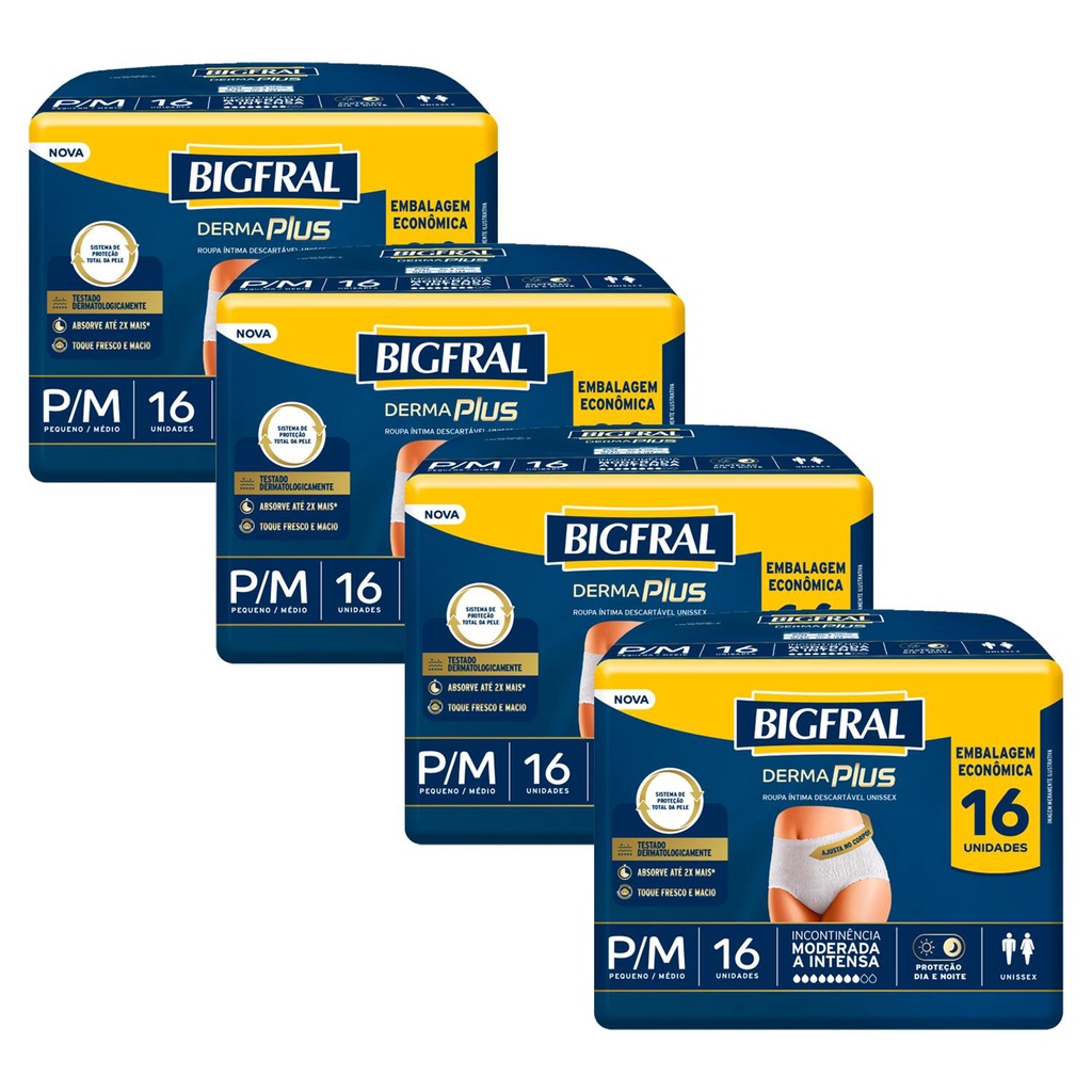 Kit 4 Roupas Íntima Bigfral Pants Derma Plus P/M com 16un cada Kit 4 Roupas Íntima Bigfral Pants Derma Plus P/M com 16un cada